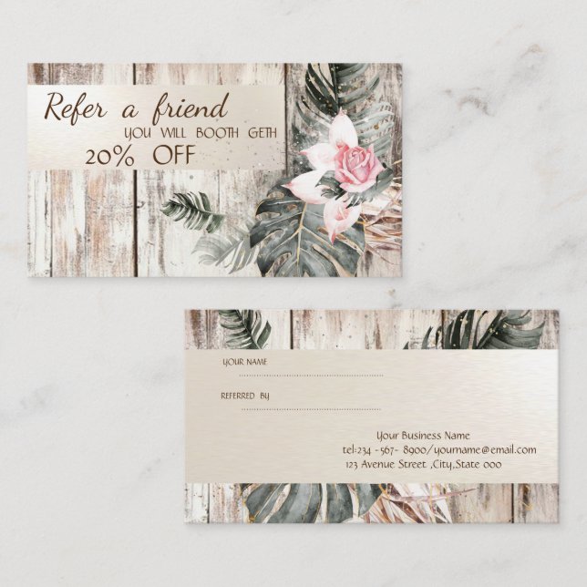 Carte De Parrainage Élégant, Texture de bois, Rayures, Roses de feuill (Devant / Derrière)