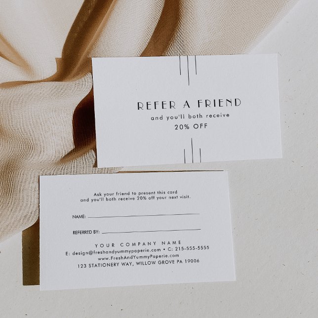 Carte De Parrainage EVERLY Art Déco Blanc Noir Recommandez un Ami (EVERLY Art Deco White Black Refer A Friend Referral Card)