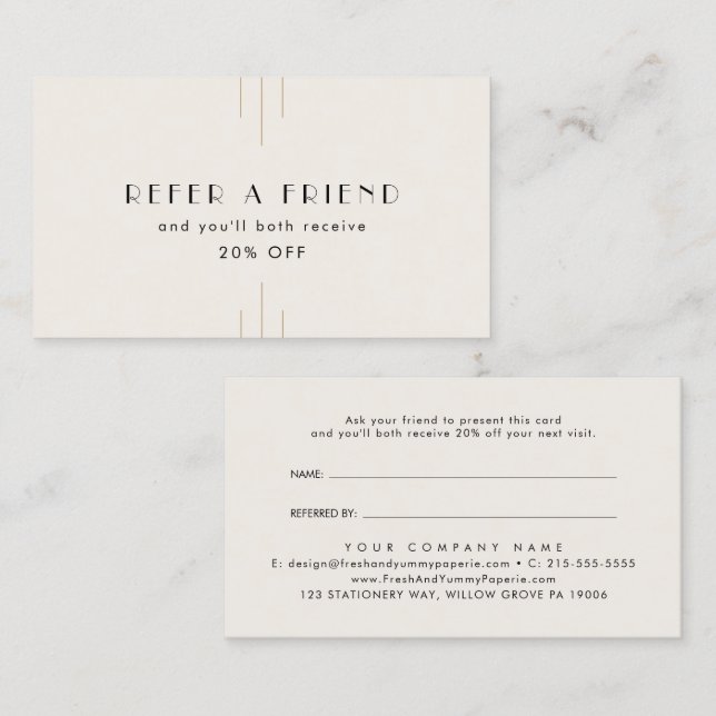 Carte De Parrainage EVERLY Art Deco Ivory Gold Black Refer A Friend (Devant / Derrière)