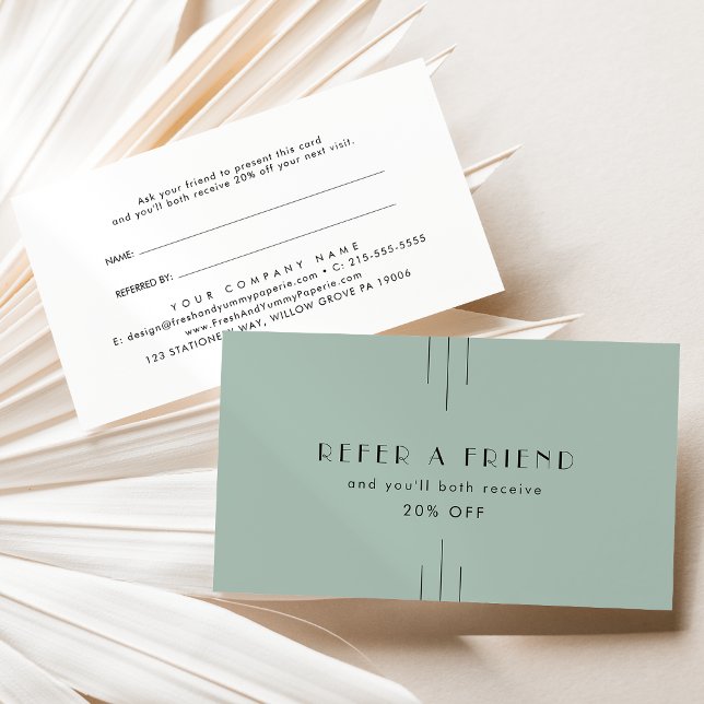 Carte De Parrainage EVERLY Art Deco Sage Green Modern Refer A Friend (EVERLY Art Deco Sage Green Modern Refer A Friend Referral Card)