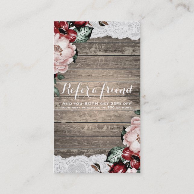 Carte De Parrainage Glam Floral Rustic Wood & Lace Chic Référer un ami (Devant)