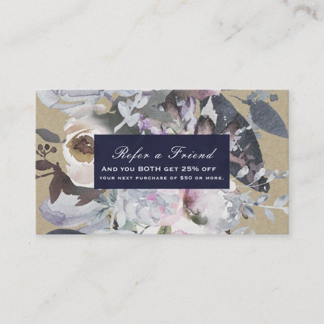 Carte De Parrainage Glamour Floral Rustique Bleu Kraft Chic Référer un (Devant)