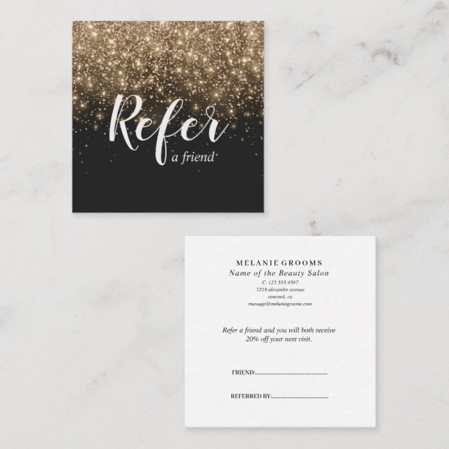 Carte De Parrainage Gold And Black Glitter Elegant Refer A Friend  (Devant / Derrière)