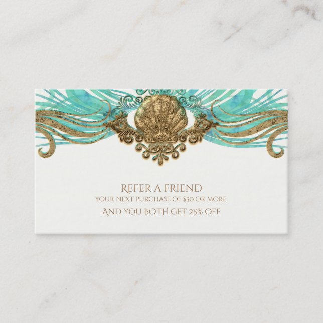 Carte De Parrainage Gold & Turquoise Sea Shell Glam Beach Référer un a (Devant)