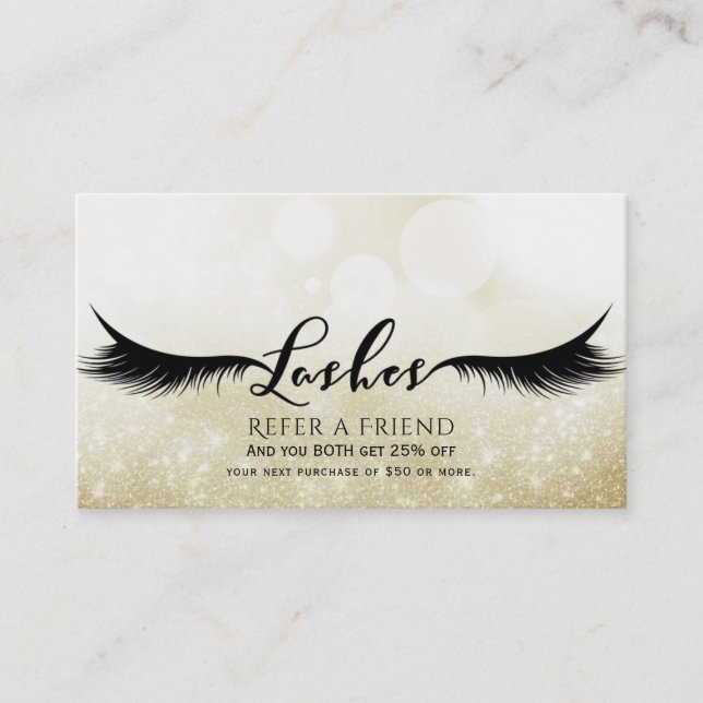 Carte De Parrainage Lashes Eyelashes Extensions Gold aiguiller un ami (Devant)