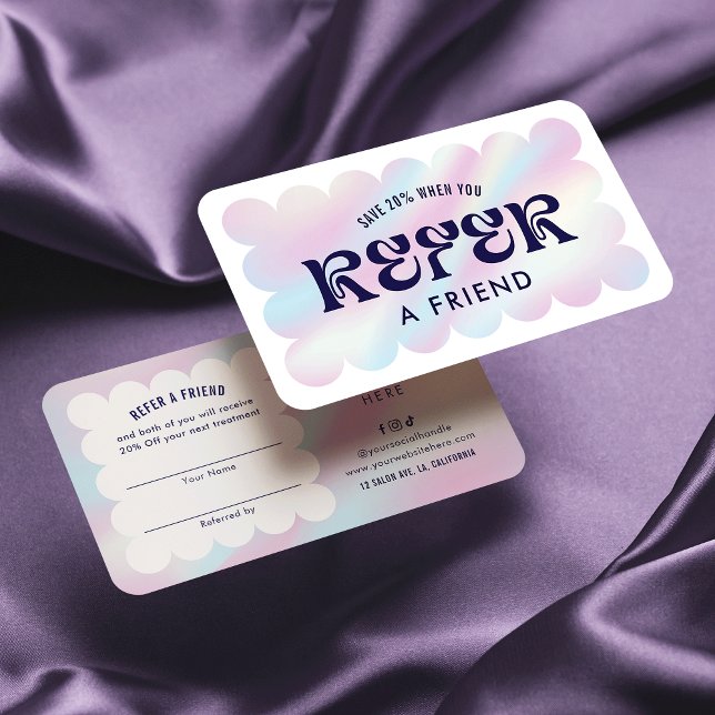 Carte De Parrainage Logo Holographique Moderne Rétro Référer Un Ami (Trendy holographic effect referral cards with space for your logo and custom discount offer)