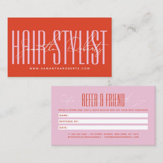 Carte De Parrainage Modern hair stylist script typography customer  (Devant / Derrière)