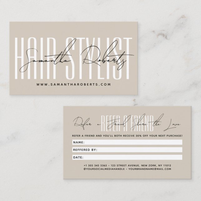 Carte De Parrainage Modern hair stylist script typography customer  (Devant / Derrière)