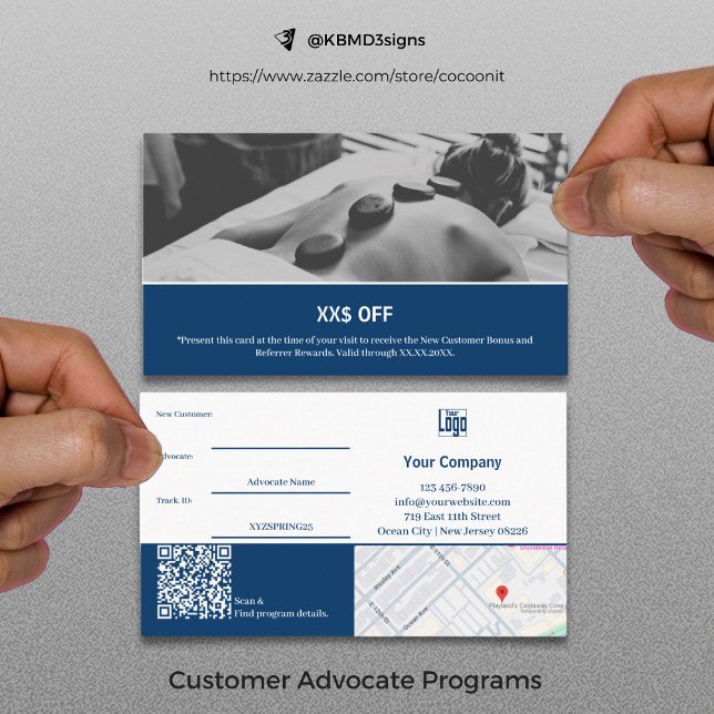 Carte De Parrainage Moderne Bleu Blanc Nouveau prix d'avocat client (Modern Blue White New Customer Advocate Reward Referral Card)
