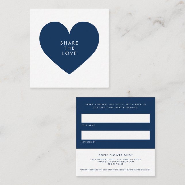 Carte De Parrainage Navy Blue Heart Minimalist Partagez votre amour (Devant / Derrière)