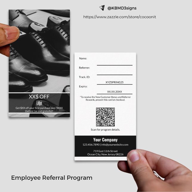 Carte De Parrainage Nouvelle remise client élégante Récompense employé (Elegant New Customer Discount Employee Reward Referral Card, Black & White Business Card Size Design)