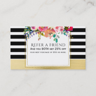 Carte De Parrainage Or Noir Blanc Moderne Floral Glam Référez un ami