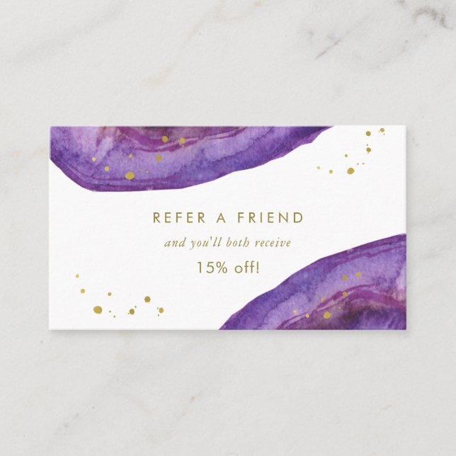 Carte De Parrainage Pourpre d'aquarelle et or Geode de Faux (Devant)