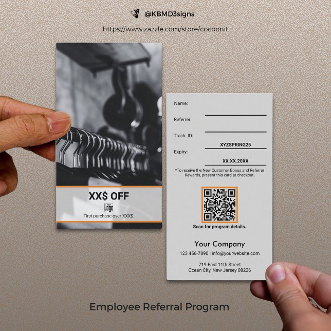 Carte De Parrainage Récompense de l'employé pour la nouvelle offre cli (Modern New Customer Discount Employee Reward Referral Card, Gray, Black, Orange)