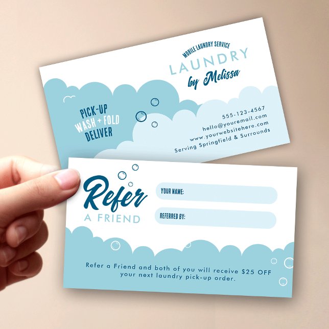Carte De Parrainage Refer A Friend Mobile Laundry Service Blue & White (Modern mobile laundry service & dry cleaners refer a friend discount cards in blue and white)