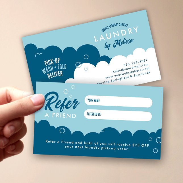 Carte De Parrainage Refer A Friend Mobile Laundry Service Blue & White (Trendy laundry service & dry cleaners refer a friend discount cards in blue and white)