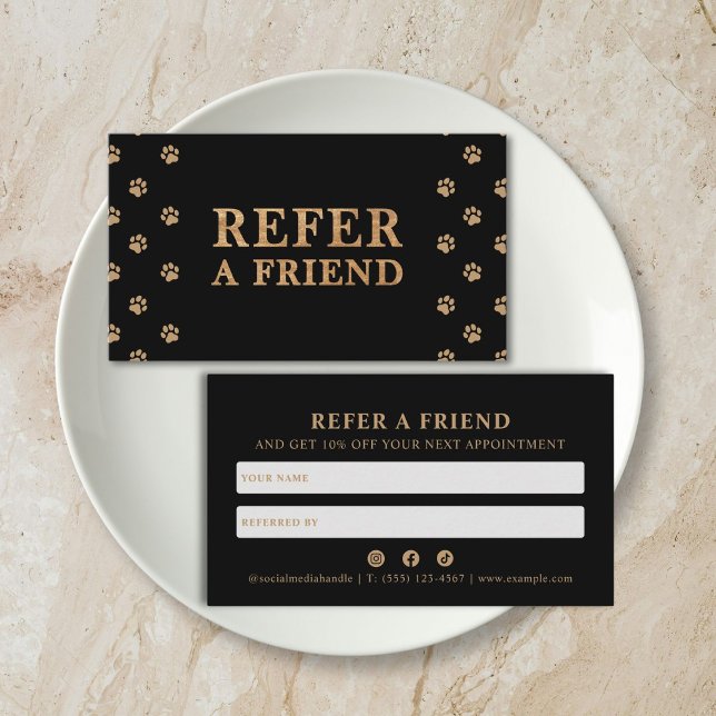 Carte De Parrainage Refer A Friend Modern Luxury Pet Care Service  (modern luxury deep black golden paw pet care referral card)