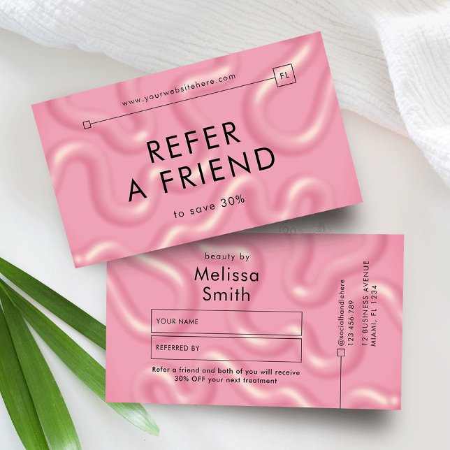 Carte De Parrainage Refer a Friend Trendy Pink Abstract Spa Salon (Girly 3D Effect blush pink refer a friend discount cards with modern type and minimal layout)