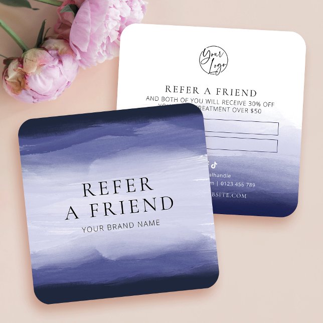 Carte De Parrainage Référez Un Ami Marine Aquarelle Beauté Logo Spa (Trendy navy blue watercolor refer a friend business cards)