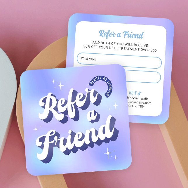 Carte De Parrainage Retro Blue Purple Logo Référez-vous à un salon de  (Trendy retro style refer a friend card with groovy style fonts in blue and purple)