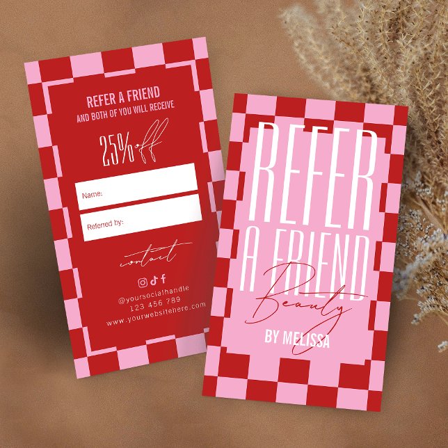 Carte De Parrainage Retro Pink & Red Groovy Refer a Friend Spa Salon (Créateur téléchargé)