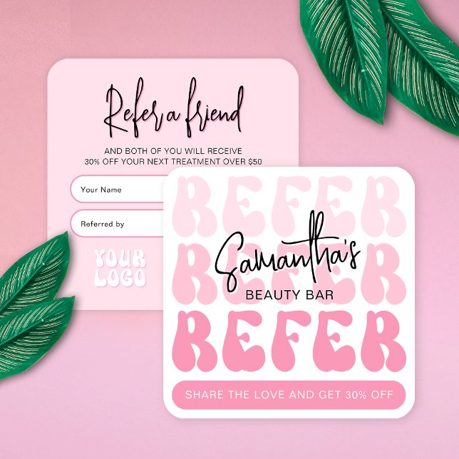 Carte De Parrainage Retro Rose Référer un ami Moderne Logo Lash Salon (Trendy Refer A Friend business card design with retro pink aesthetic and groovy fonts)