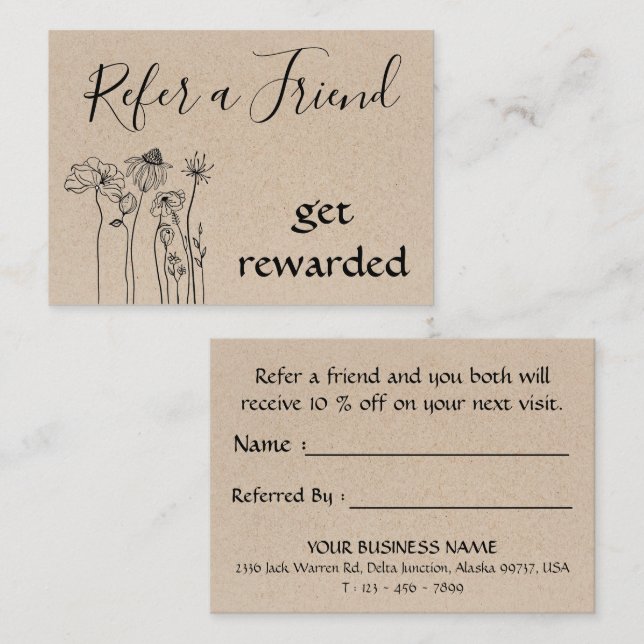 Carte De Parrainage Rustique Kraft & Fleur sauvage Professionnel   (Devant / Derrière)