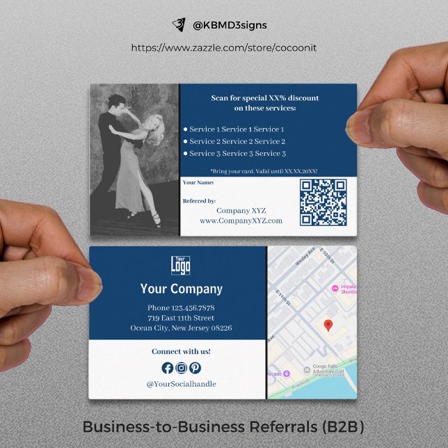 Carte De Parrainage Services B2B sophistiqués QR Code bleu blanc (Sophisticated B2B Services QR Code Blue White Referral Card, Business to Business Collaboration)