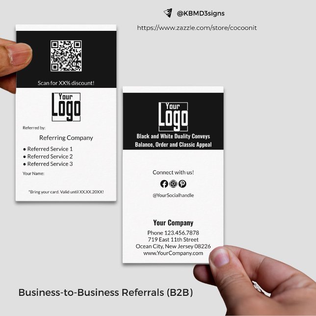 Carte De Parrainage Services minimaux en noir et blanc QR Code B2B (Minimal Black & White Services QR Code B2B Referral Card, Business to Business Partnership Promotion)