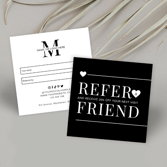 Carte De Parrainage Simple Noir & Blanc Référer un artiste de maquilla (Add your business name or logo and make these client referral discount cards your own)