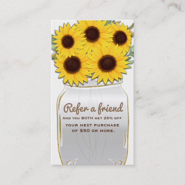 Carte De Parrainage Tournesols dans Mason Jar Rustic Chic Référer un a (Devant)