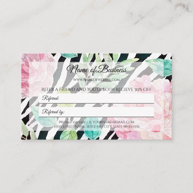 Carte De Parrainage Zèbre Floral Recommandation (Devant)