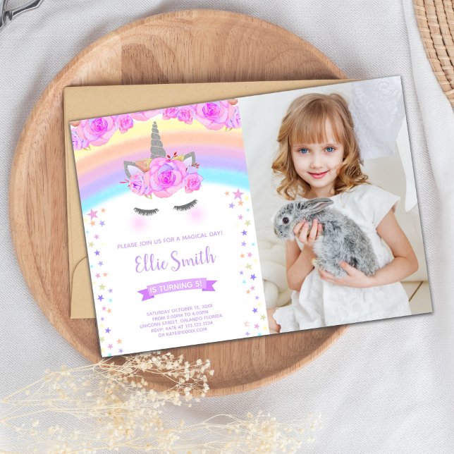 Carte de partie modifiable (Purple Unicorn Birthday Invitation with photo)
