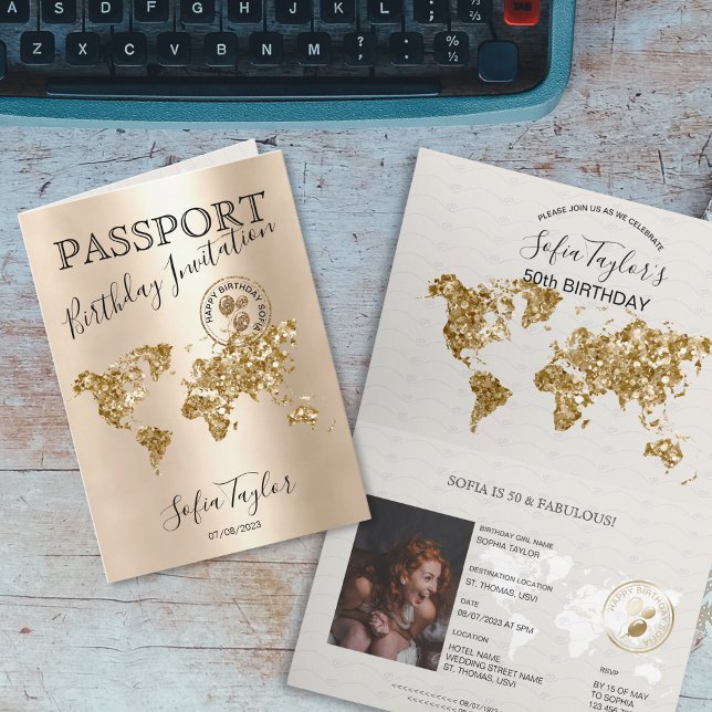 Carte de passeport Anniversaire Unique Joyeux N'im (gold passport with gold glitter world map and balloons birthday invitation)