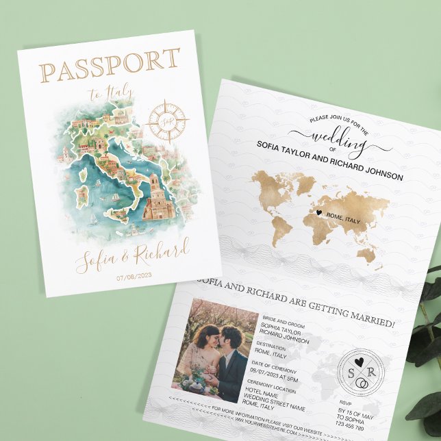 Carte de passeport de destination mariage Italie (illustrated watercolor italy map)