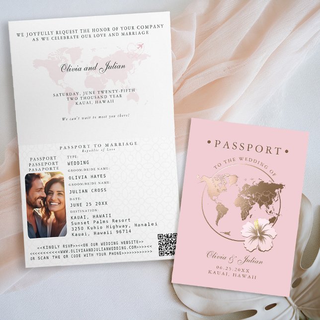 Carte de passeport Hibiscus Destination Tropicale  (passport wedding invitation card destination getaway tropical hawaii pink faux gold monograms folded)