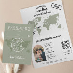 Carte de passeport Mariage Sage Green Boho Code QR<br><div class="desc">Carte du monde Boho moderne Invitation Mariage Destination,  comme passeport,  avec votre monogramme. Ajoutez votre code QR. Couleur arrière - plan vert Sage</div>