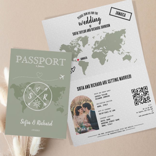 Carte de passeport Mariage Sage Green Boho Code QR (Créateur téléchargé)