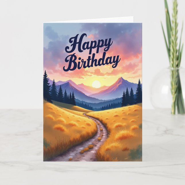 Carte de paysage d'anniversaire au coucher du sole (Devant)