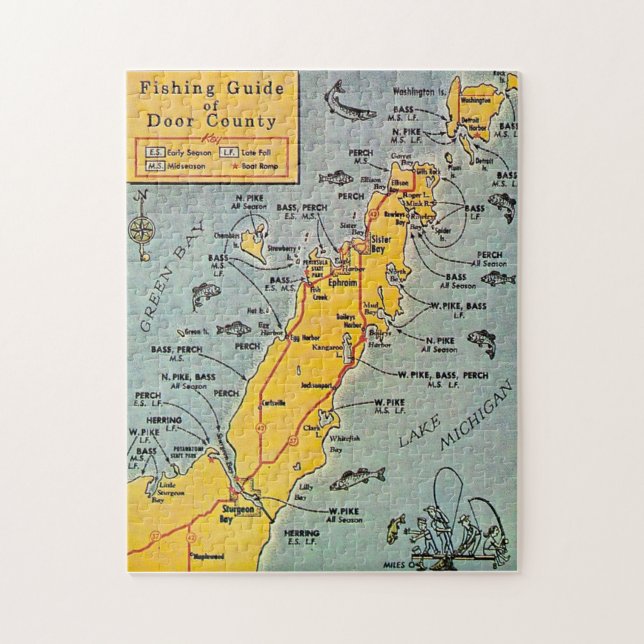 "Carte de pêche du comté de Door 11x14 Puzzle (Vertical)