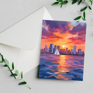 Carte de peinture à l'aquarelle du coucher de sole