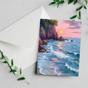 Carte de peinture à l'aquarelle du coucher de sole