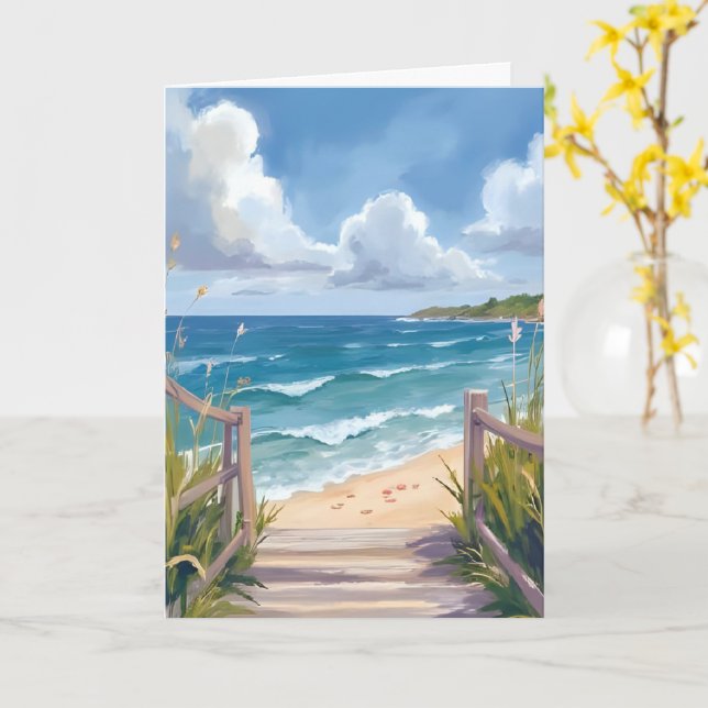 Carte de peinture aquarelle de chemin de plage côt (Fleur jaune)