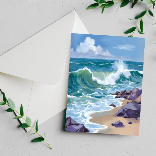 Carte de peinture aquarelle de vagues d'océan bleu (Créateur téléchargé)