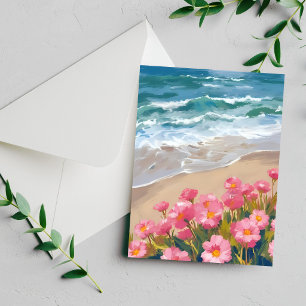 Carte de peinture aquarelle florale rose Vagues de