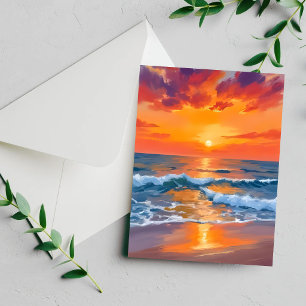 Carte de peinture de plage océanique au coucher du
