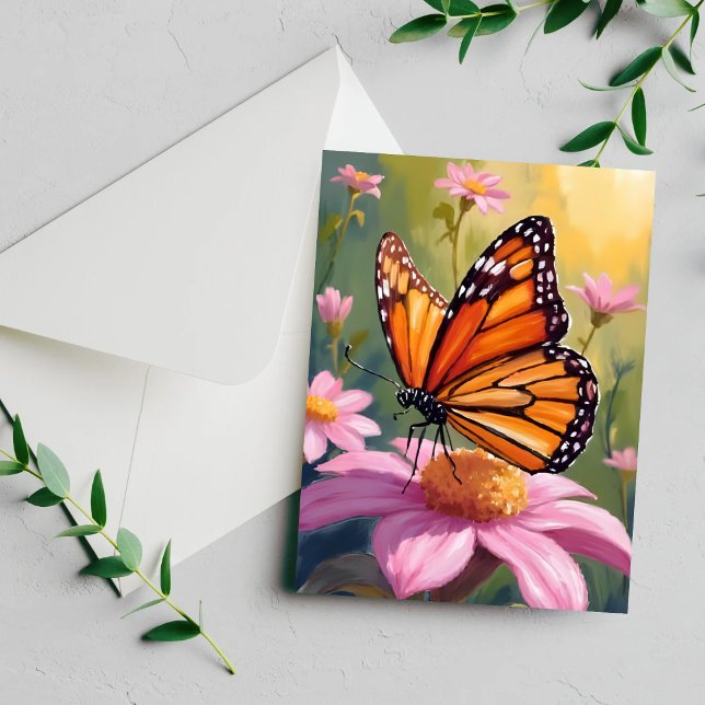 Carte de peinture florale de fleur rose de papillo (Créateur téléchargé)
