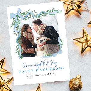 Carte de photo de Hanukkah avec ruban bleu minimal