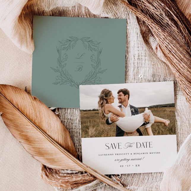 Carte de photo de mariage Jacquard Crest Save the  (Créateur téléchargé)