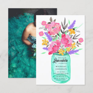 Carte de photo de Quinceanera avec bouquet floral